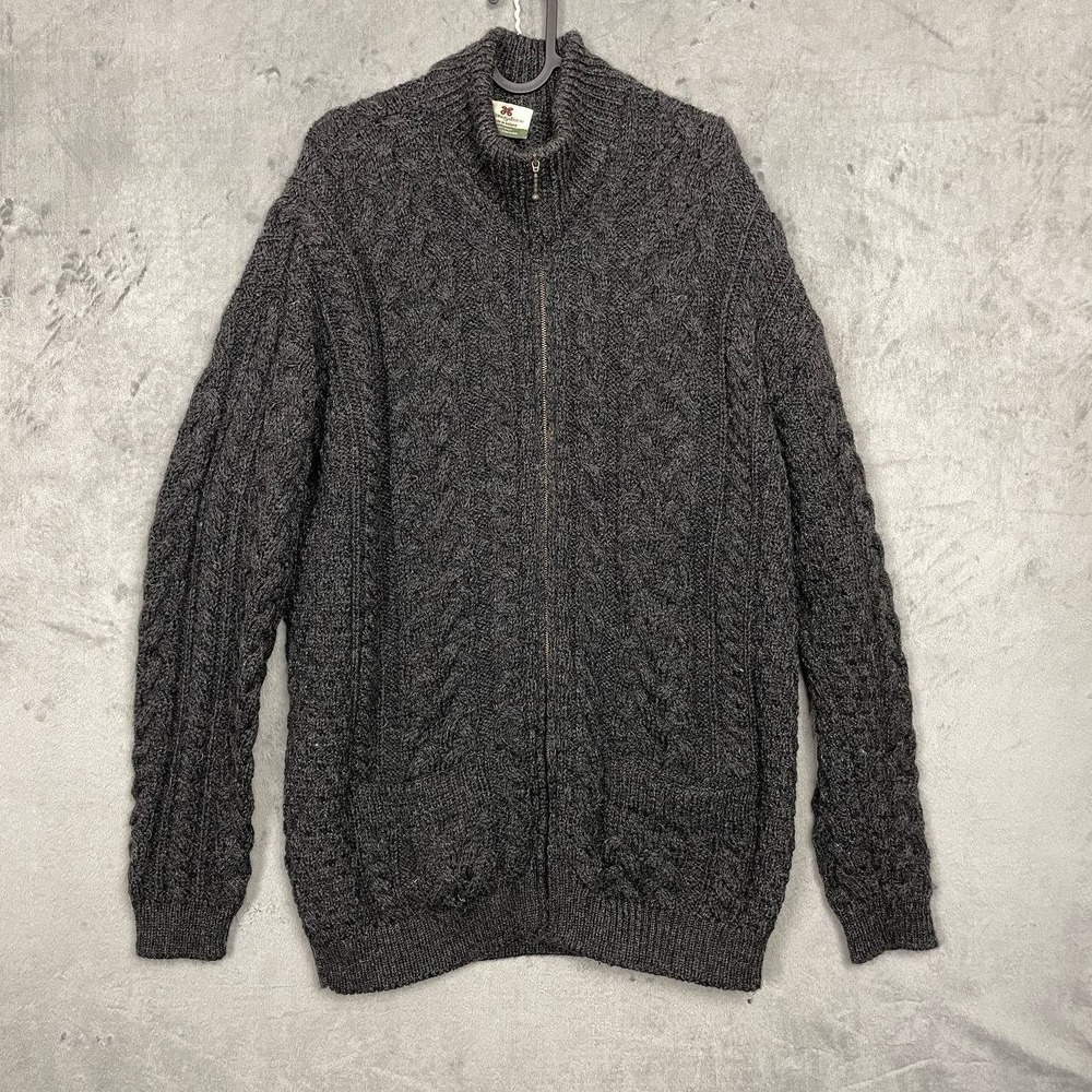 Carraig Donn Aran Wool Sweater  Gray Zip Cable Knit Ireland‎ Fisherman Cozy XL